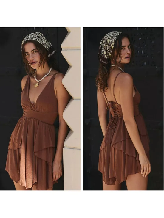 Free People Star Gaze mini dress Argan Oil brown witchy boho asymmetric small NW - Picture 10 of 10
